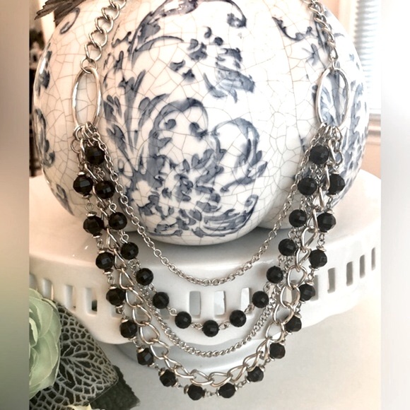 Multi Strand Silver Tone Chain and Black Bead Necklace - Picture 4 of 8